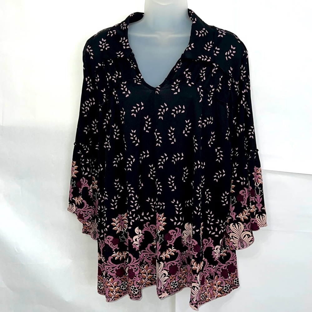 Style & Co Womens Black Purple Pink Floral Top Size L Loose Fit  3/4 Sleeve